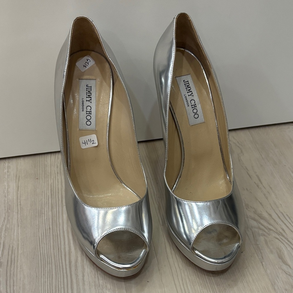 Jimmy Choo Metallic Silver Peep Toe Heels